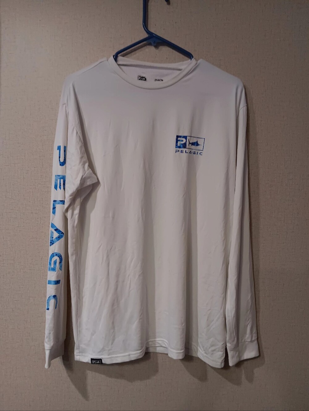Pelagic White Long Sleeve Tee with Blue Logo and Sleeve Branding Sz M